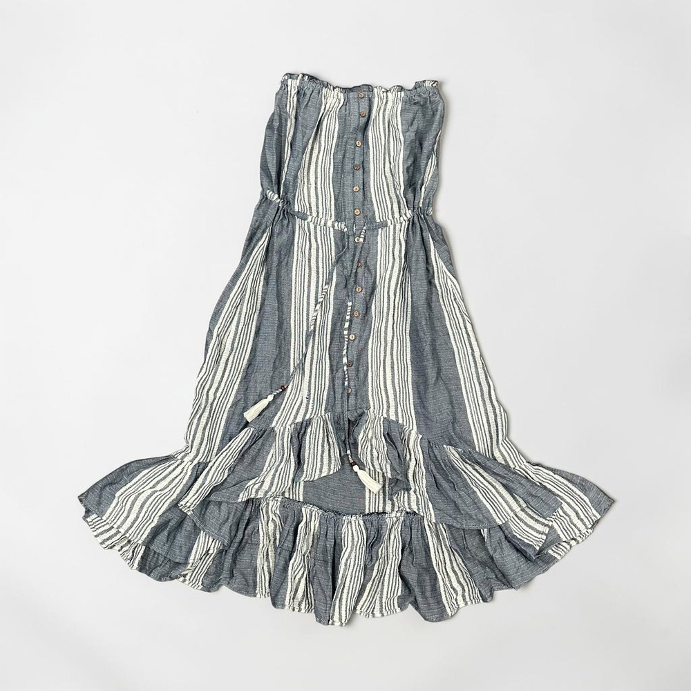 SPIAGGIA DOLCE Boho Striped High Low Strapless Midi Dress Off White Navy Rayon M